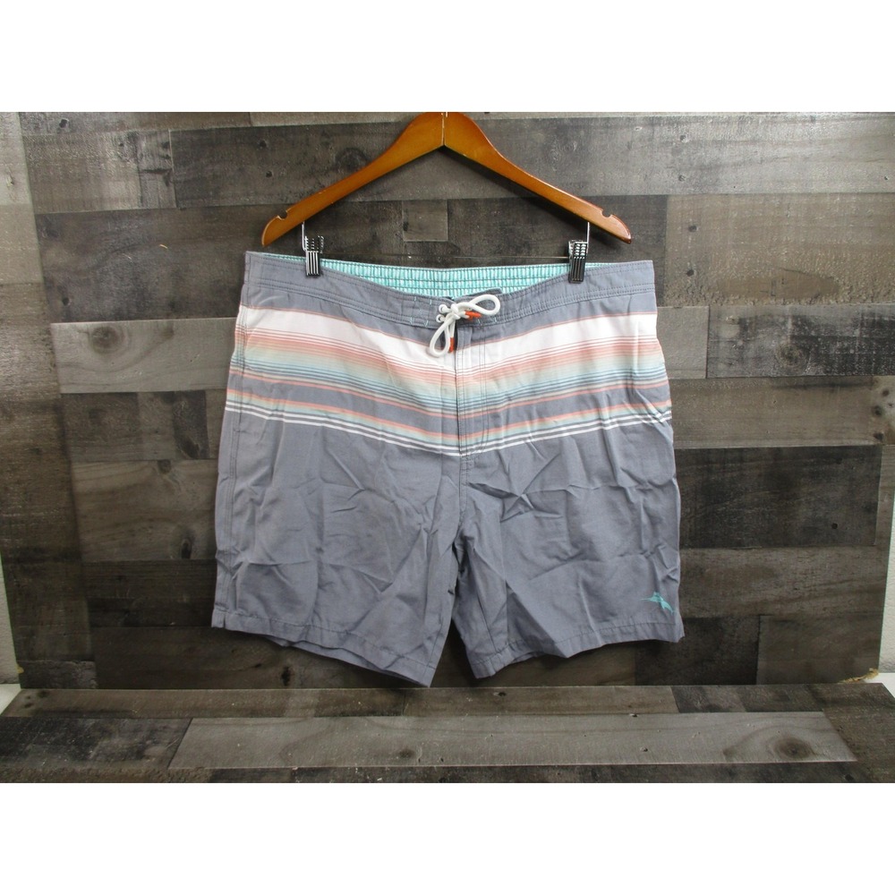 Tommy Bahama Swim Trunks Mens 2XL Gray Stripe Board Shorts Mesh Liner Fish Logo